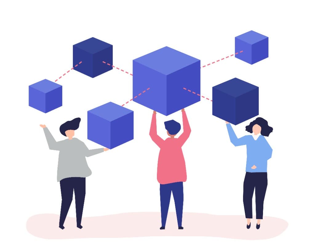 Illustration of a team collaborating around interconnected blockchain blocks