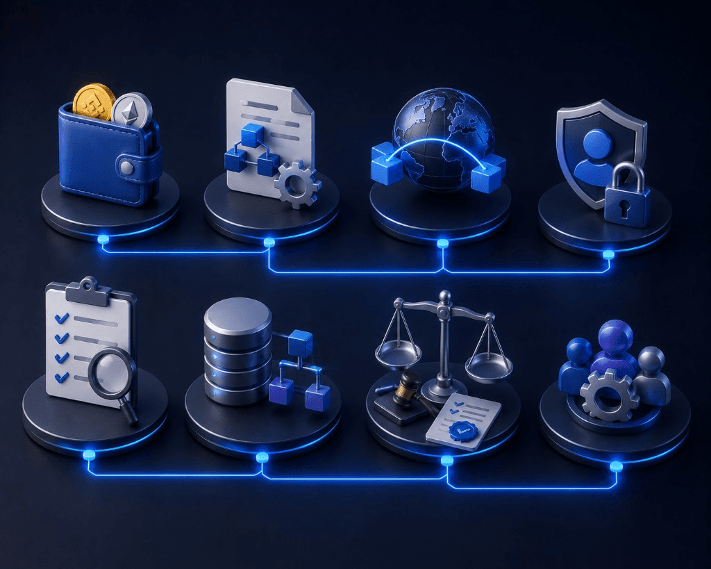 Core features for business blockchain apps: wallet integration, smart contracts, cross-chain, identity, audit trails, scalable data, compliance, and governance.