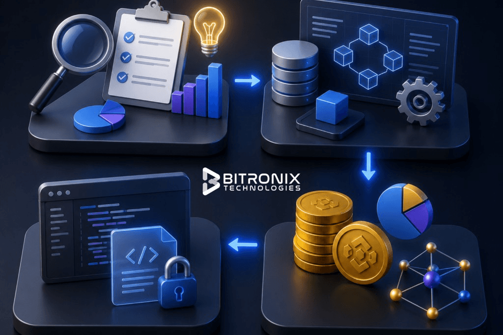 Blockchain app development process cycle: discovery and analysis, infrastructure and data, finance and tokenomics, and development with security.
