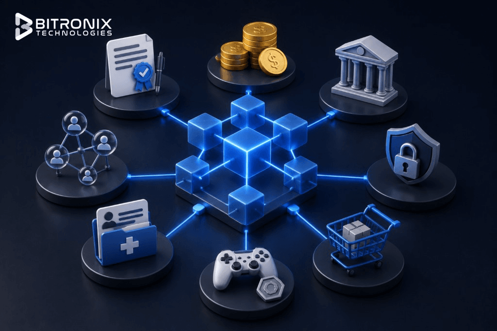 Types of blockchain applications in 2026: DApps, enterprise apps, tokenization, supply chain, DeFi, NFTs, identity, and gaming.