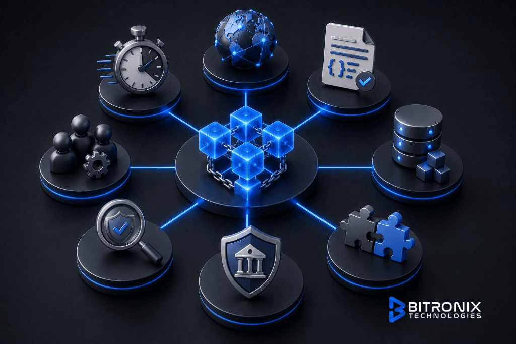 Core elements of a blockchain build: global network, smart contracts, data storage, integration, security, auditing, team, and performance.