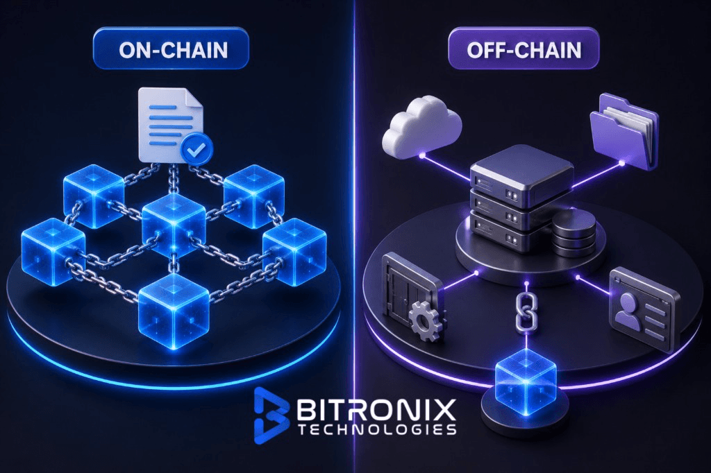 On-chain vs off-chain blockchain architecture: storage, transparency, security, speed, cost, and best-fit use cases.