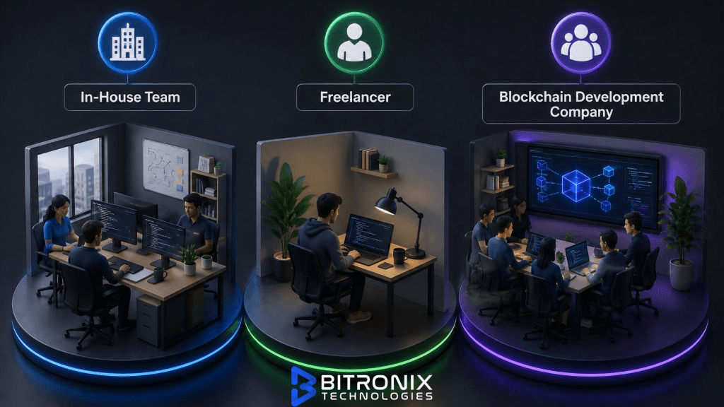 In-house vs freelancer vs blockchain development company comparison for startups and enterprises.