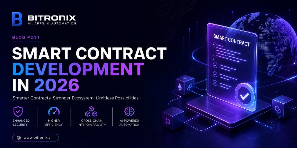 Smart contract development guide 2026 by Bitronix Technologies - hero image showing audit-ready engineering for founders, CTOs, and enterprise teams.