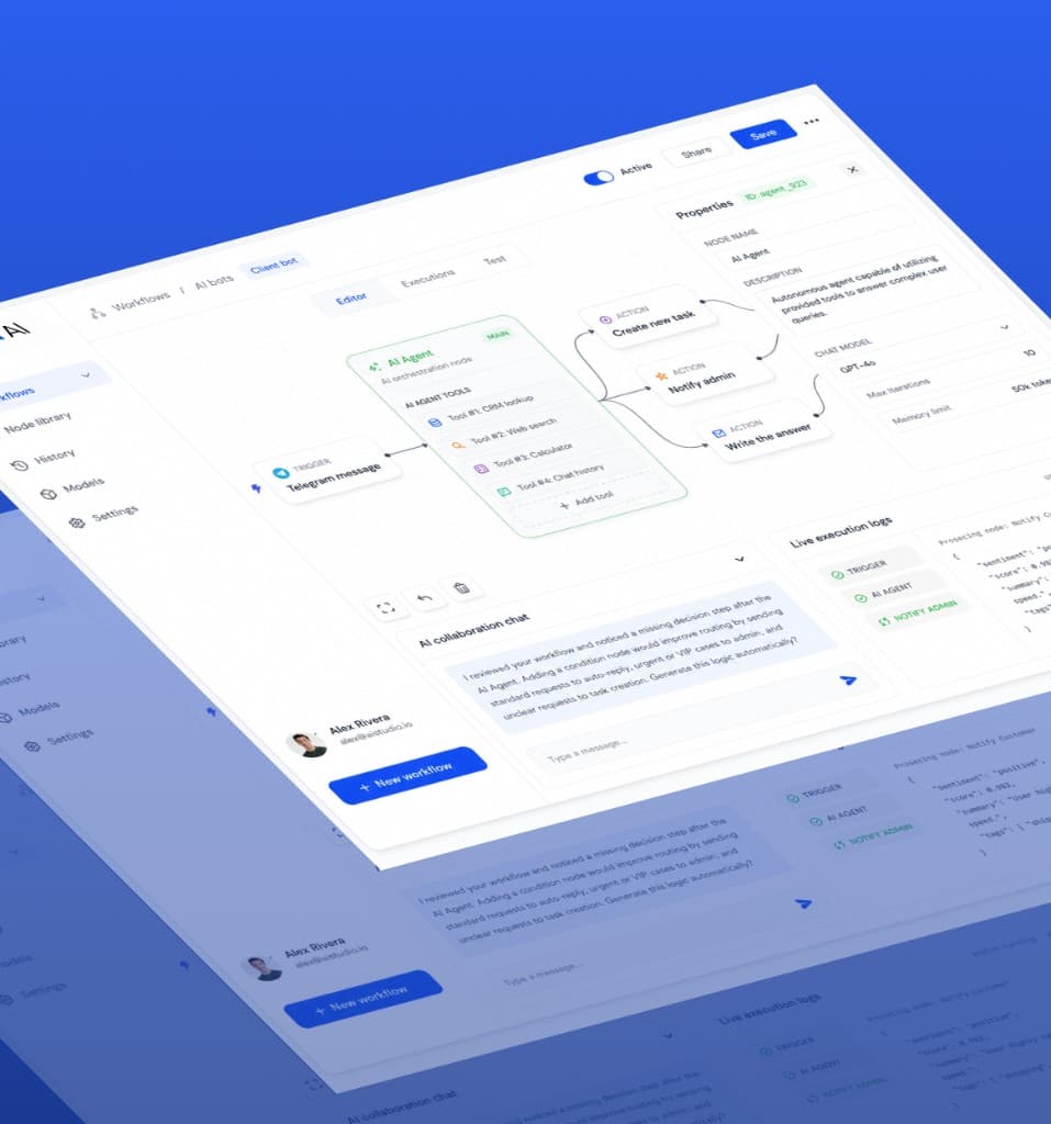 AI workflow automation builder by Bitronix Technologies: visual node-based orchestration, GPT-4o agent configuration, live execution logs, and team collaboration chat.