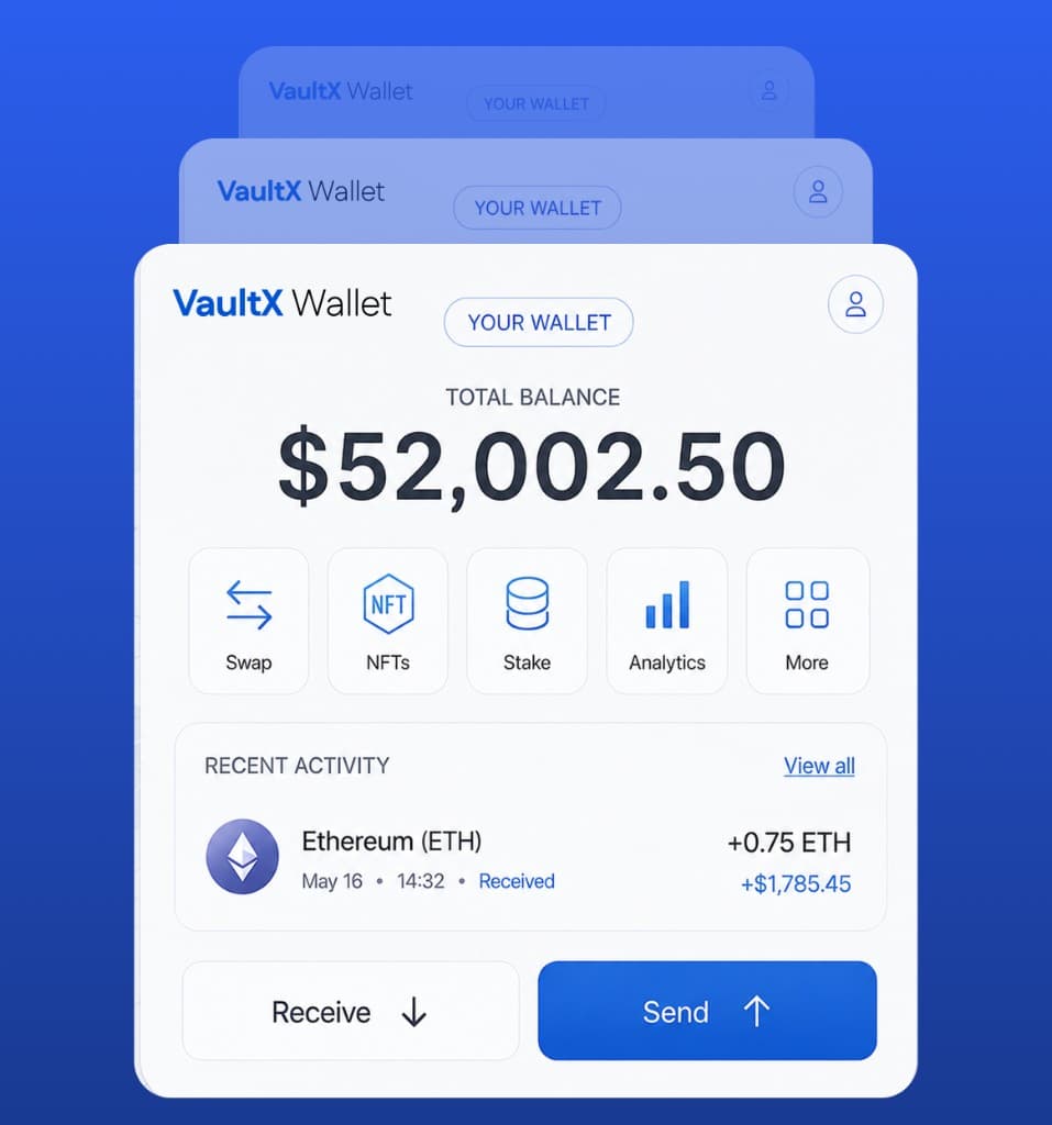 VaultX Wallet dApp interface by Bitronix Technologies: crypto portfolio balance, swap and stake features, NFT management, and send-receive transaction history.