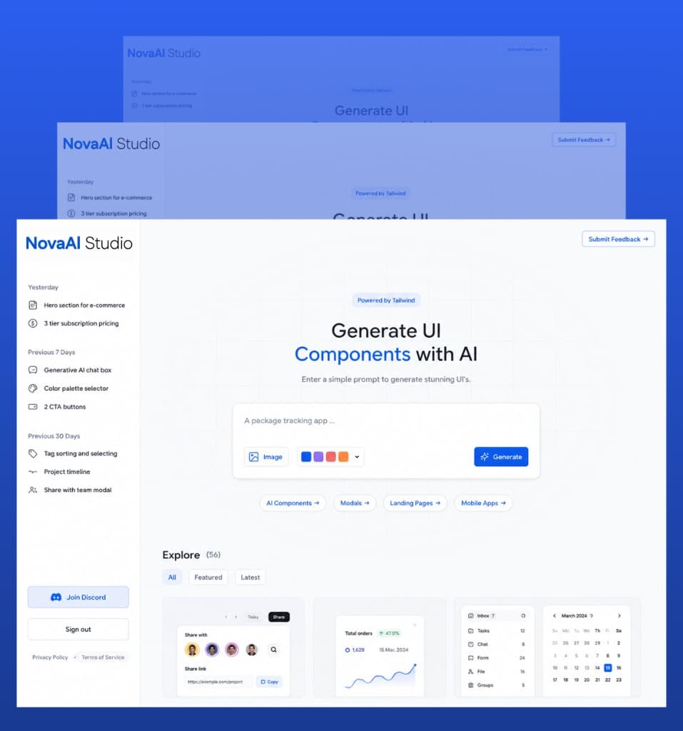 NovaAI Studio generative AI interface by Bitronix Technologies: prompt-based UI component builder, project history sidebar, and gallery of AI-generated modals, charts, and navigation layouts.