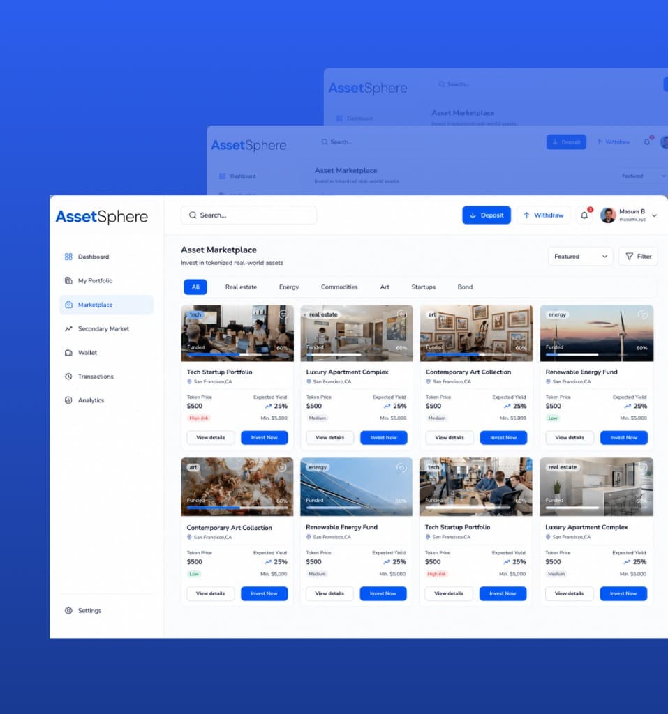 AssetSphere RWA tokenization marketplace by Bitronix Technologies: invest in tokenized real estate, energy, art, and startup assets with yield metrics and portfolio tracking.