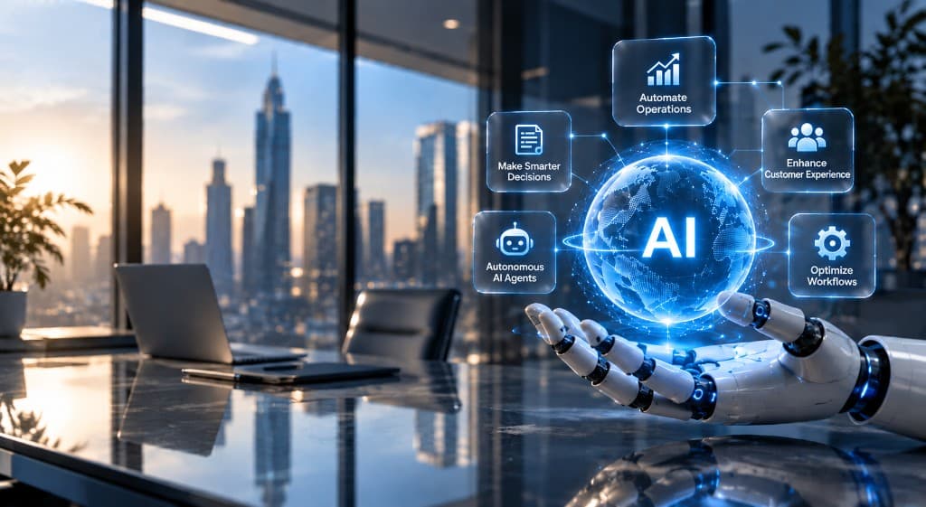 Robotic hand holding a glowing AI globe with floating automation capability icons in a modern office