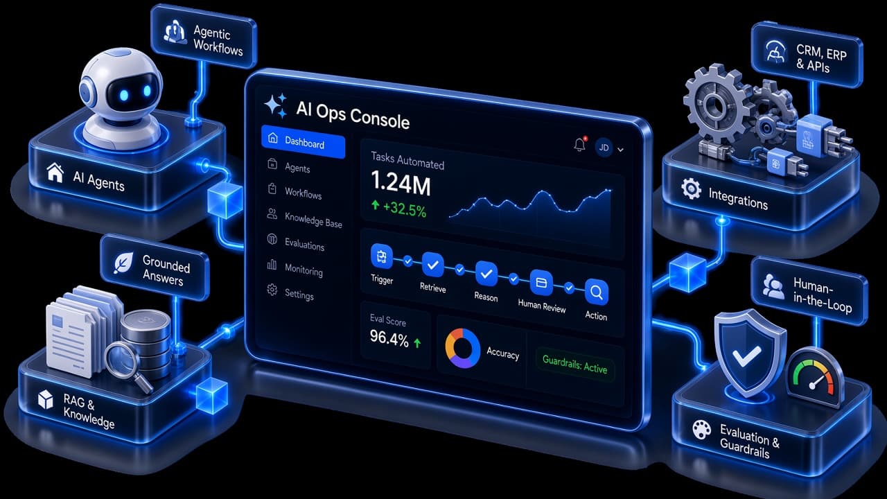 AI operations console connected to AI agents, RAG knowledge bases, enterprise integrations and evaluation guardrails