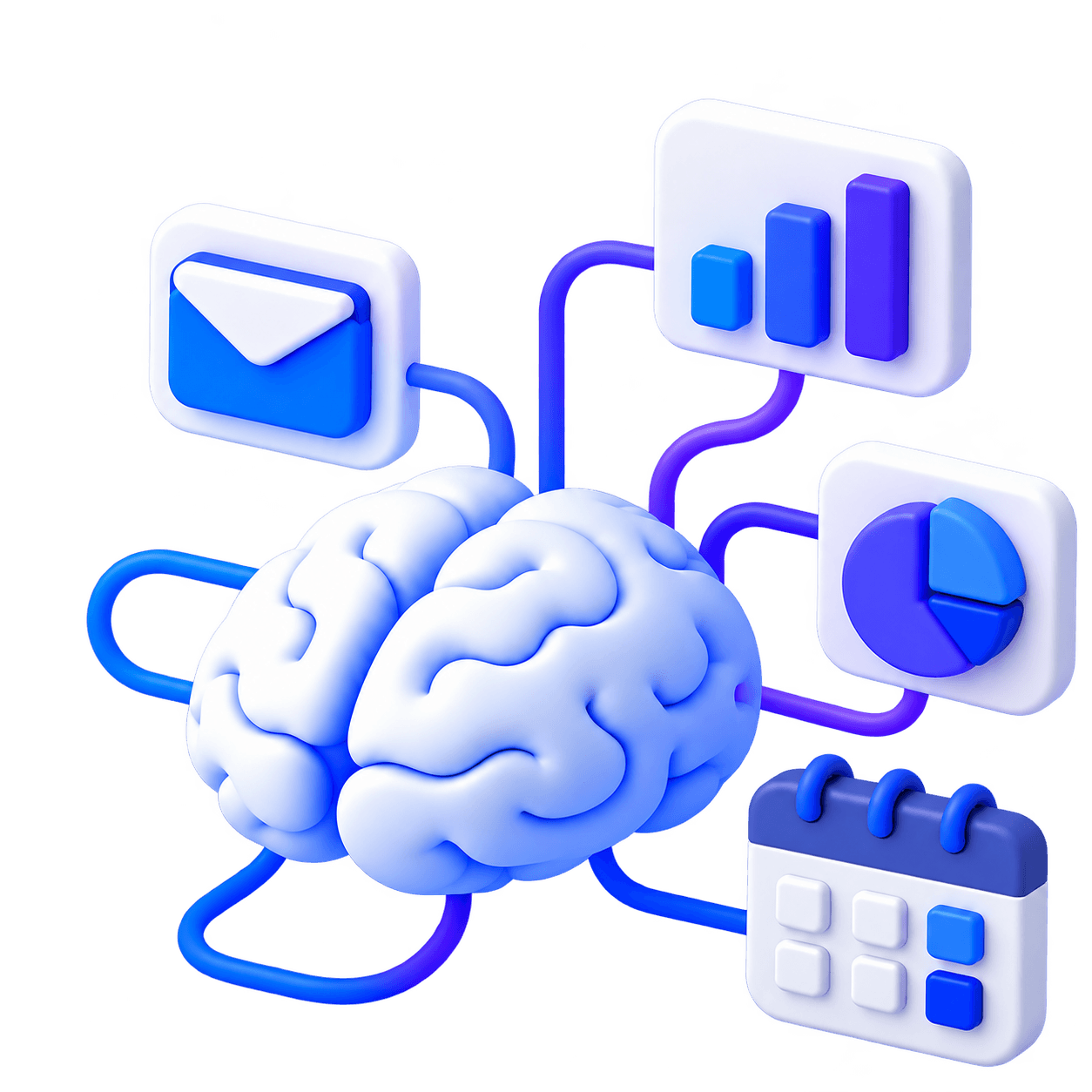 3D AI brain connected to email, analytics and calendar automation icons