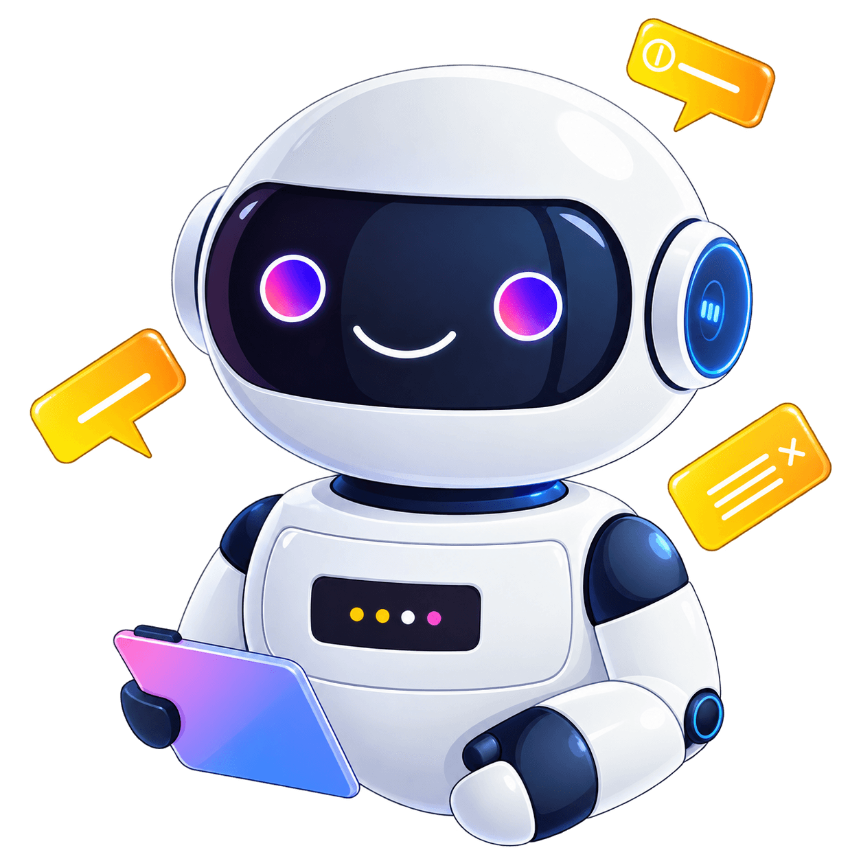 Friendly AI chatbot robot holding a tablet with floating conversation bubbles