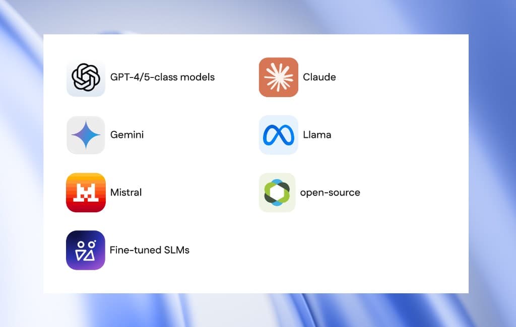 AI models we work with including GPT, Claude, Gemini, Llama, Mistral, and open-source SLMs