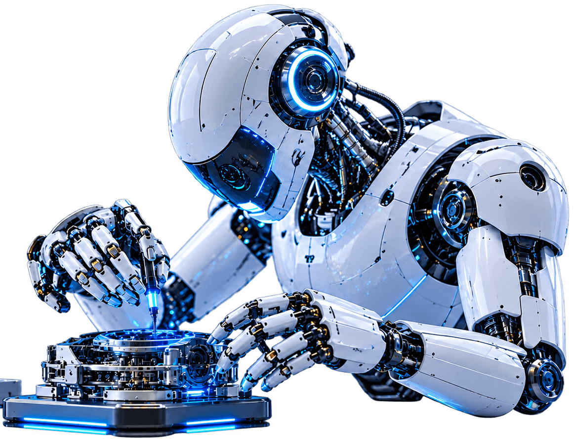 A white robot assembling precision hardware on a glowing workbench