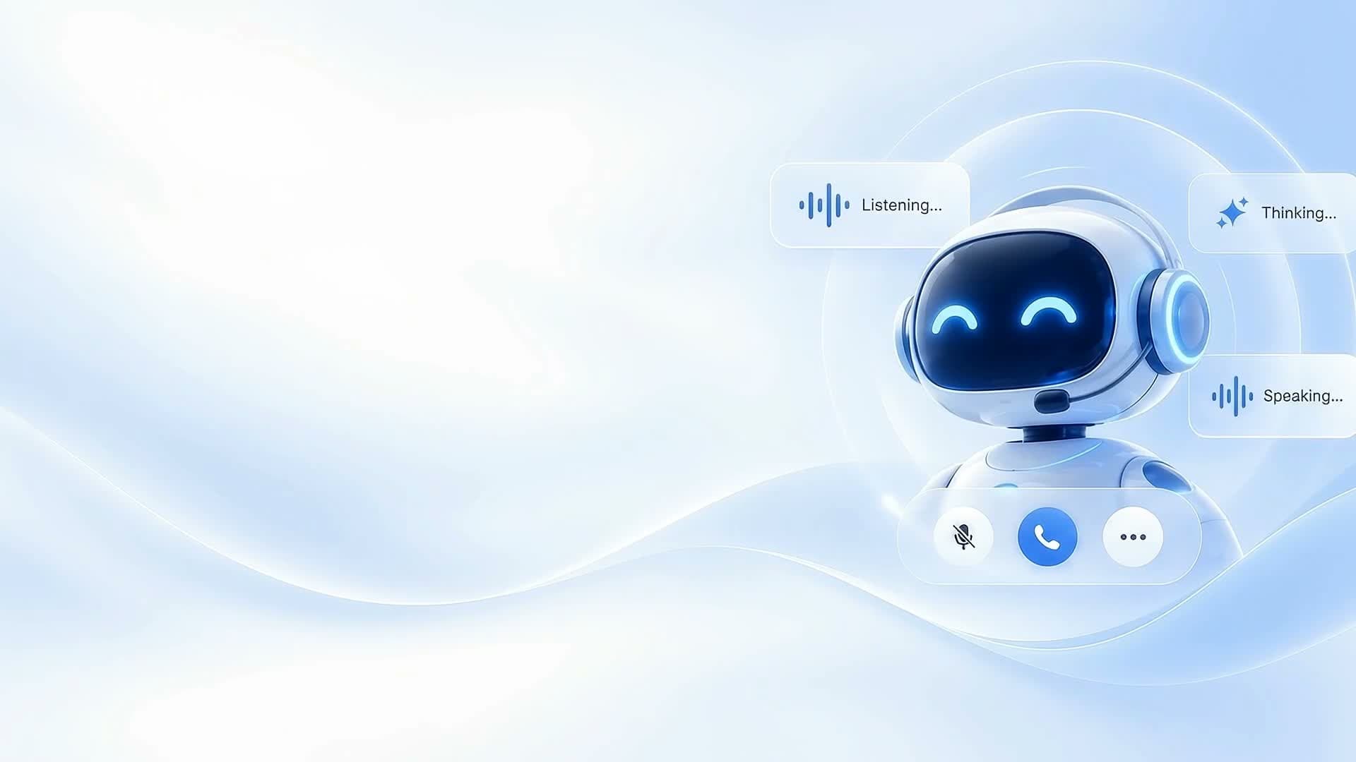 Friendly AI voice agent robot with headset showing Listening, Thinking and Speaking states