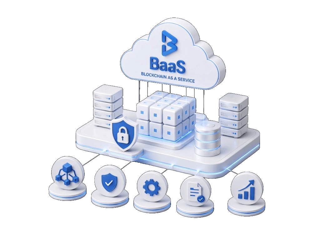 3D Blockchain as a Service illustration with cloud security, blockchain nodes and enterprise infrastructure for Dubai UAE organisations