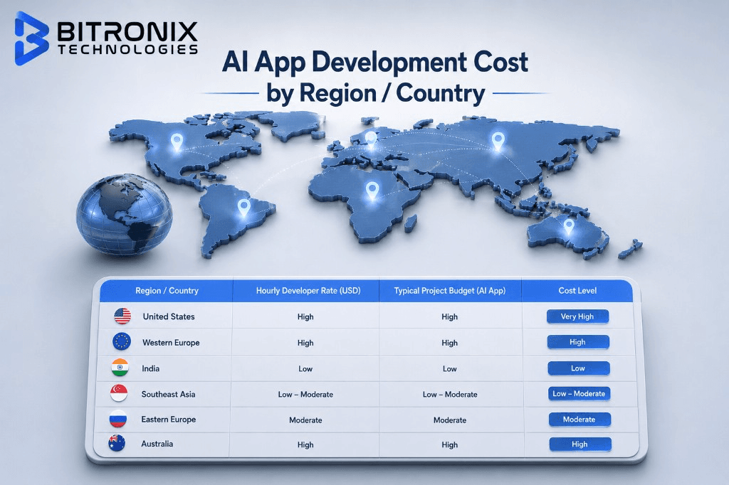 AI app development cost by region in 2026: hourly rates and project budgets for USA, Canada, UK, UAE, Australia, Germany, Eastern Europe, and India.