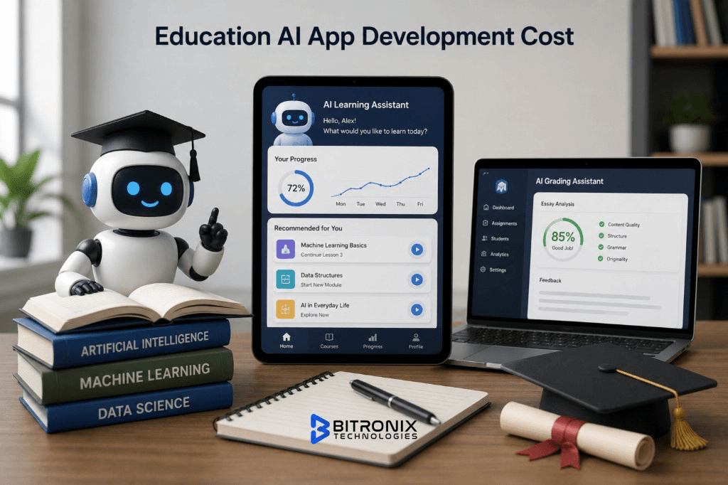Education AI app development costs in 2026: pricing for chatbots, course recommendation engines, LMS platforms, online learning platforms, and enterprise education systems.