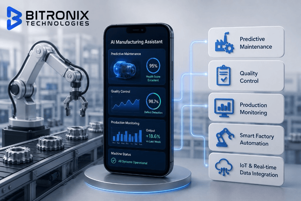 Manufacturing AI app development costs in 2026: pricing for predictive maintenance, quality control, production monitoring, smart factory systems, and enterprise platforms.