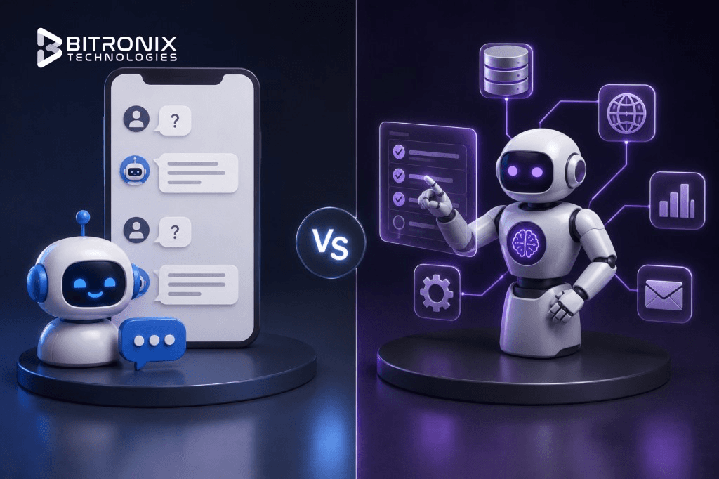 AI agents vs traditional chatbots comparison: purpose, decision-making, task complexity, integrations, and best-fit use cases.