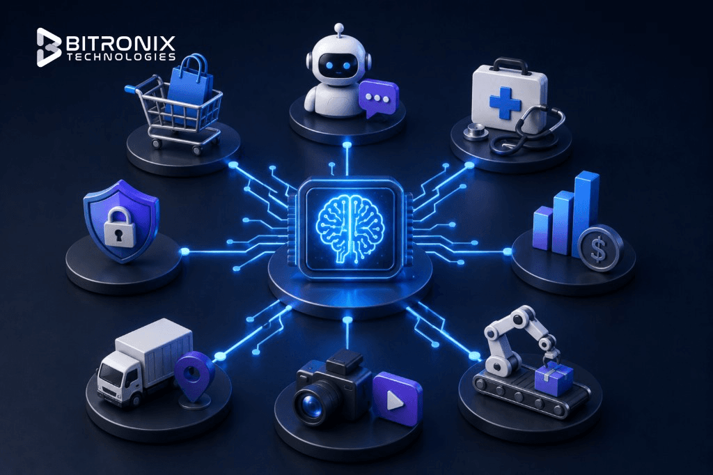 Types of AI applications startups and enterprises can build: chatbots, agents, recommendation engines, predictive analytics, computer vision, voice AI, healthcare, and finance.