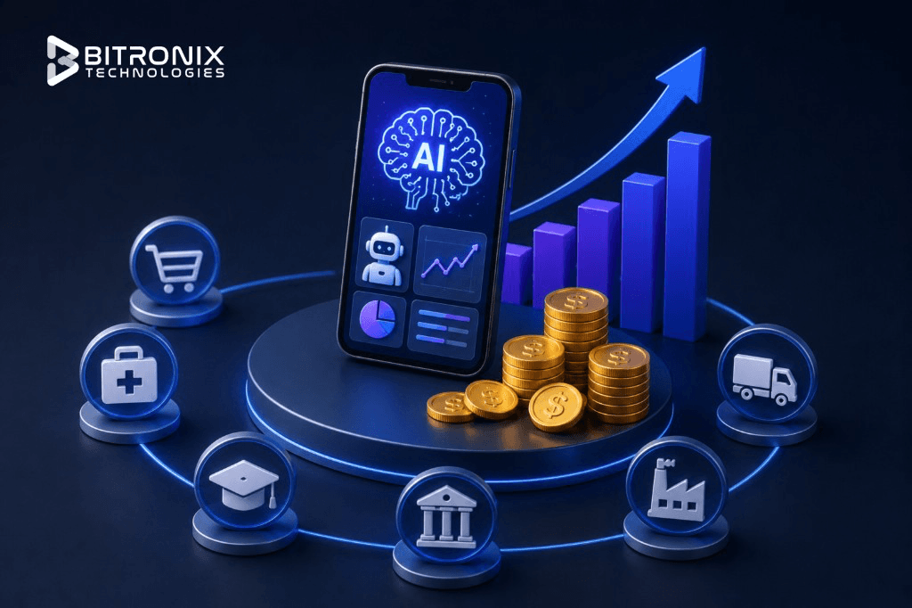 AI app market size and revenue opportunities in 2026: global AI market, enterprise adoption, generative AI spending, software CAGR, and mobile downloads.