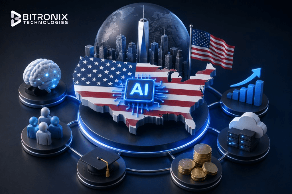 Why the USA leads AI app development in 2026: technology ecosystem, research institutions, venture capital, cloud infrastructure, and mature enterprise market.
