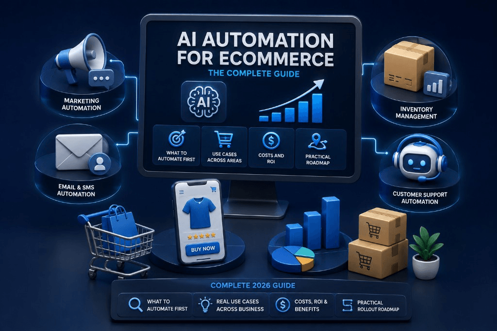 AI automation for ecommerce complete guide cover showing marketing, email and SMS, inventory management, and customer support automation with costs, ROI, and rollout roadmap.