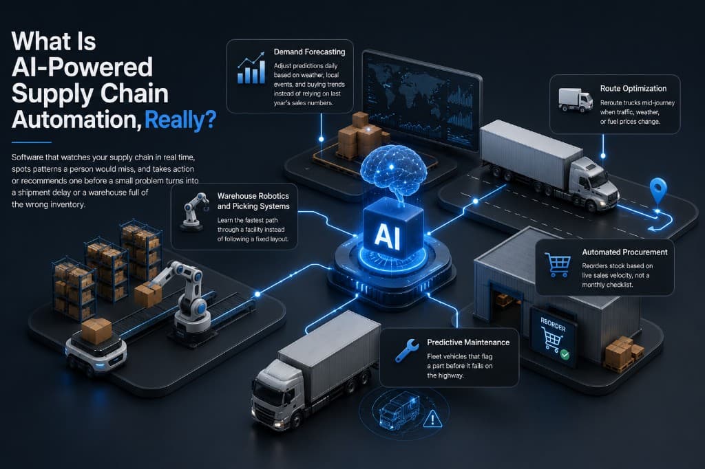 What AI-powered supply chain automation includes: demand forecasting, warehouse robotics and picking systems, route optimization, automated procurement, and predictive maintenance connected through a central AI hub.