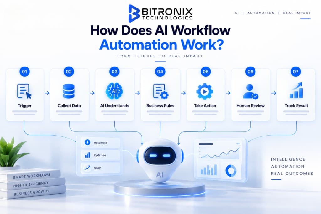How AI workflow automation works: trigger, collect data, AI understanding, business rules, action, human review and track result