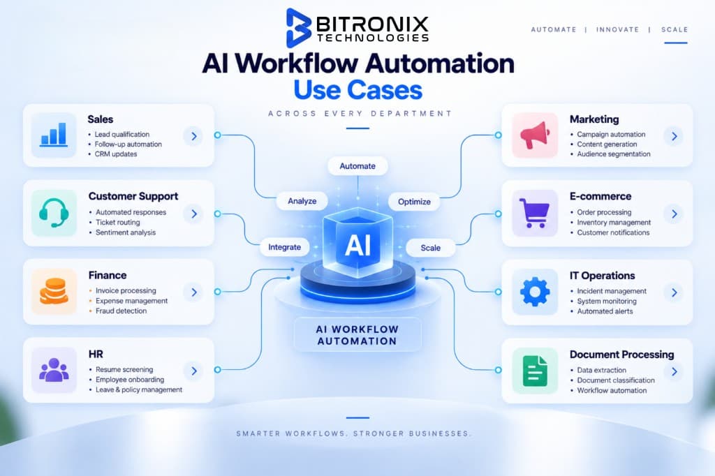 AI workflow automation use cases across sales, support, finance, HR, marketing, e-commerce, IT and document processing