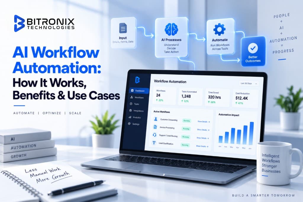 AI workflow automation dashboard on a laptop with Input, AI Processes, Automate and Better Outcomes stages