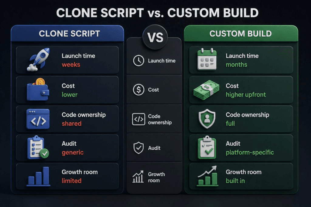 Clone script vs custom exchange: launch time, cost, code ownership, audit depth, and growth room compared.