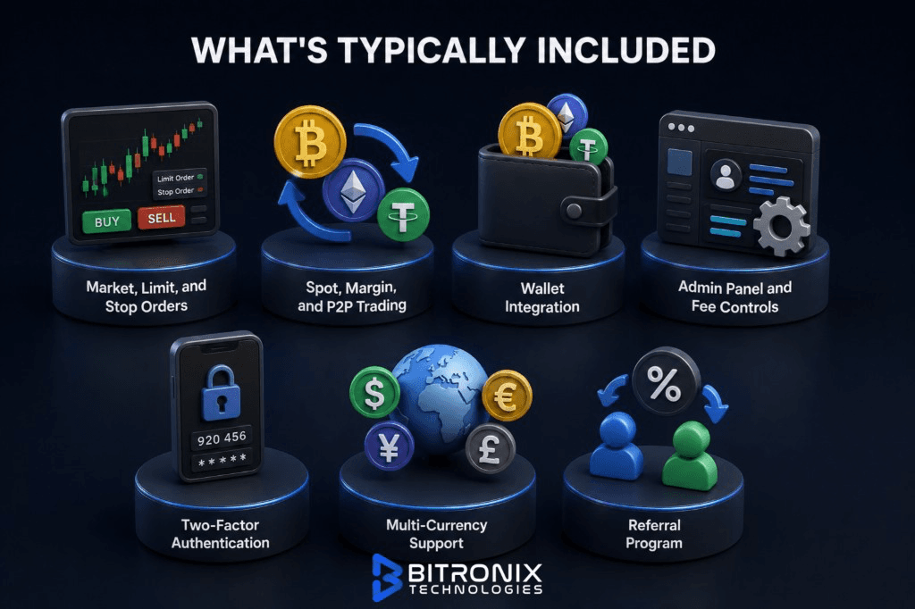 Features typically included in a Binance clone script: order types, spot and P2P trading, wallets, admin panel, 2FA, multi-currency, and referrals.
