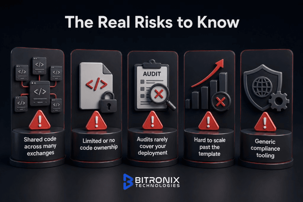 Real risks of Binance clone scripts: shared code, limited ownership, generic audits, hard to scale, and one-size-fits-all compliance.