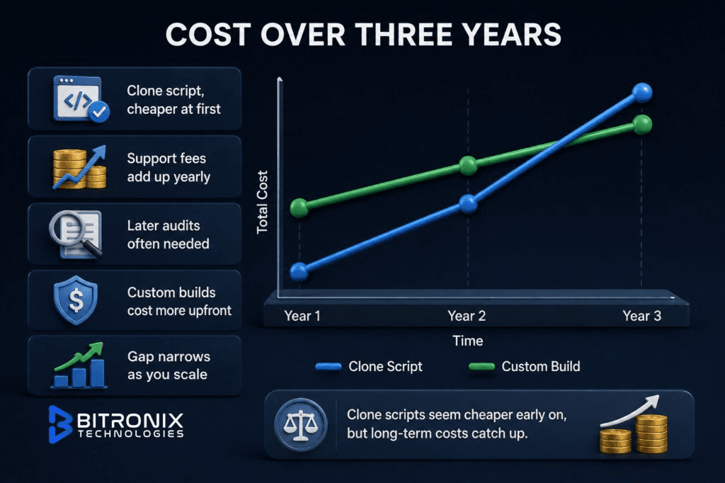 Three-year cost of ownership: clone scripts cheaper upfront but support fees, audits, and migration narrow the gap versus custom builds.