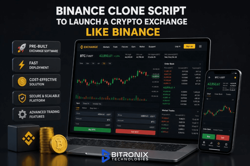 Binance clone script vs custom crypto exchange development in 2026 by Bitronix Technologies: costs, risks, features, and total cost of ownership.