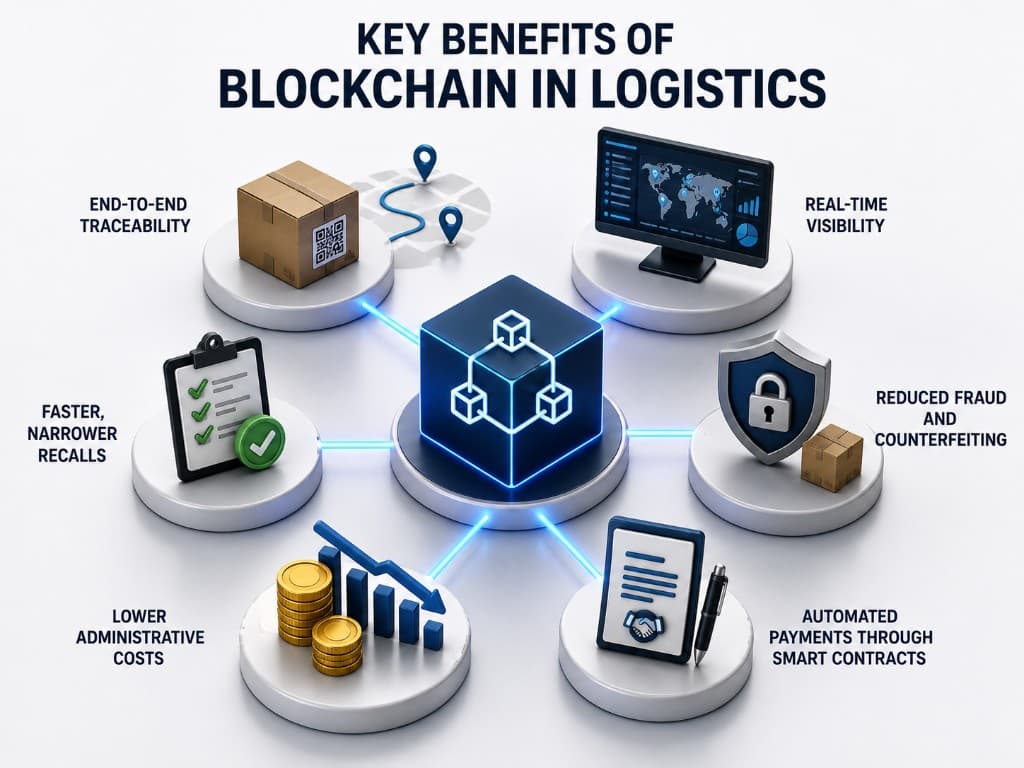 Key benefits of blockchain in logistics infographic showing end-to-end traceability, real-time visibility, faster recalls, fraud prevention, lower admin costs, and automated smart contract payments.