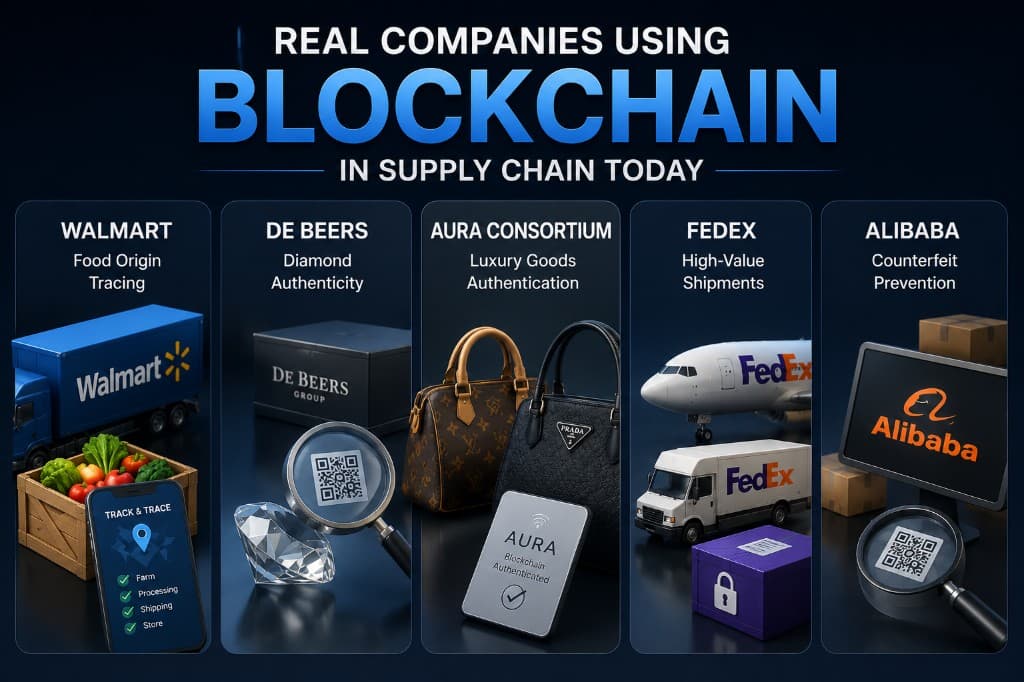 Companies using blockchain in supply chain: Walmart food origin tracing, De Beers diamond authenticity, Louis Vuitton and Prada handbags, FedEx high-value shipments, and Alibaba counterfeit prevention.