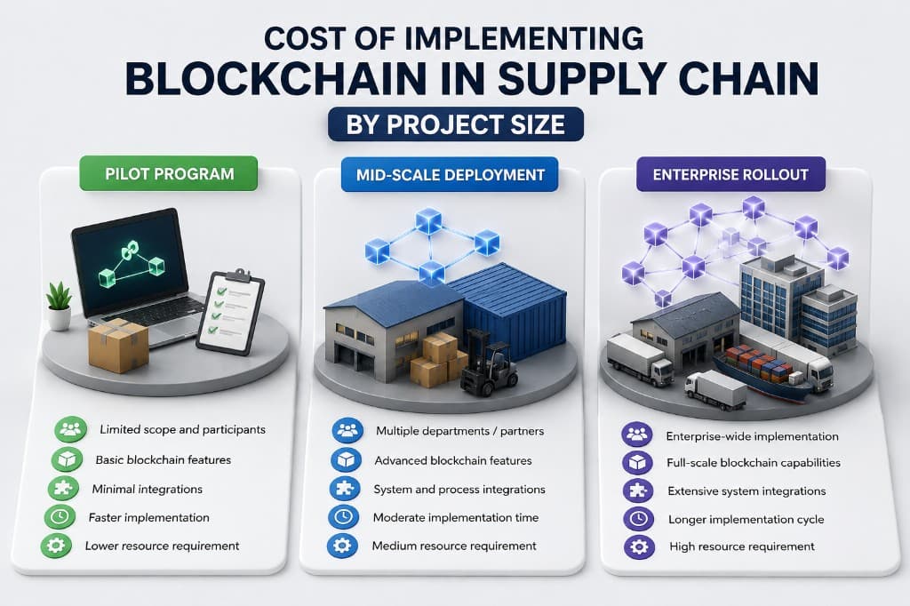 Blockchain supply chain cost by project size: pilot program $25,000 to $75,000, mid-scale deployment $75,000 to $250,000, and enterprise rollout $250,000 and up.