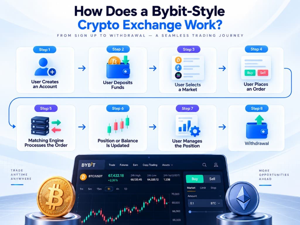 How a Bybit-style crypto exchange works: eight steps from account creation and deposits through matching, position management, and withdrawal