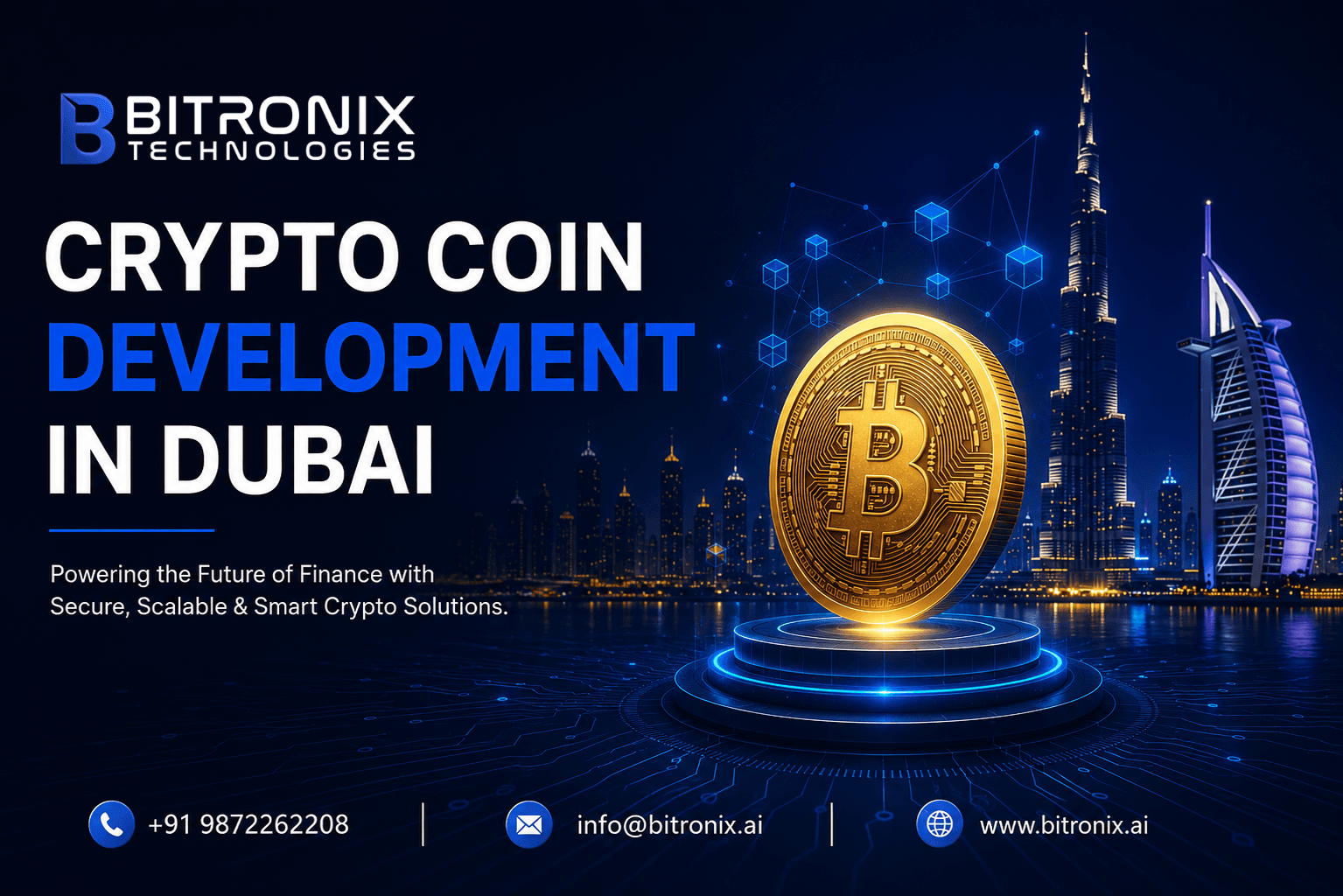 Crypto coin development in Dubai 2026 guide for startups by Bitronix Technologies: secure, scalable token launch with Dubai skyline and VARA compliance.