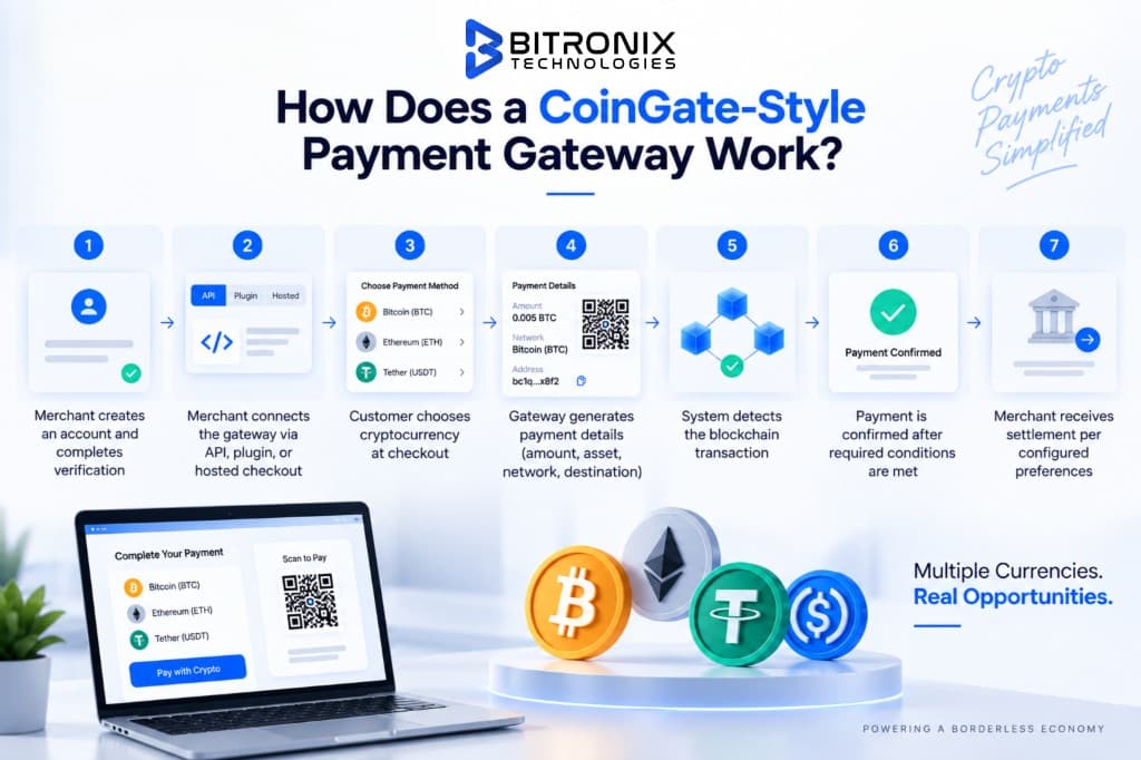 How a CoinGate-style payment gateway works: seven steps from merchant account setup through crypto checkout, blockchain confirmation and settlement