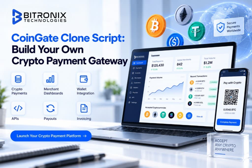 CoinGate clone script by Bitronix Technologies: crypto payment gateway with merchant dashboard, wallet integration, APIs, payouts and invoicing
