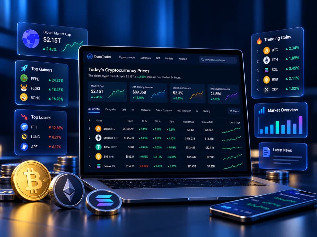 CryptoTracker market data dashboard on a laptop showing live cryptocurrency prices, rankings, market cap, trading volume and charts, with Bitcoin, Ethereum and Solana coins beside a phone in a dark studio scene.