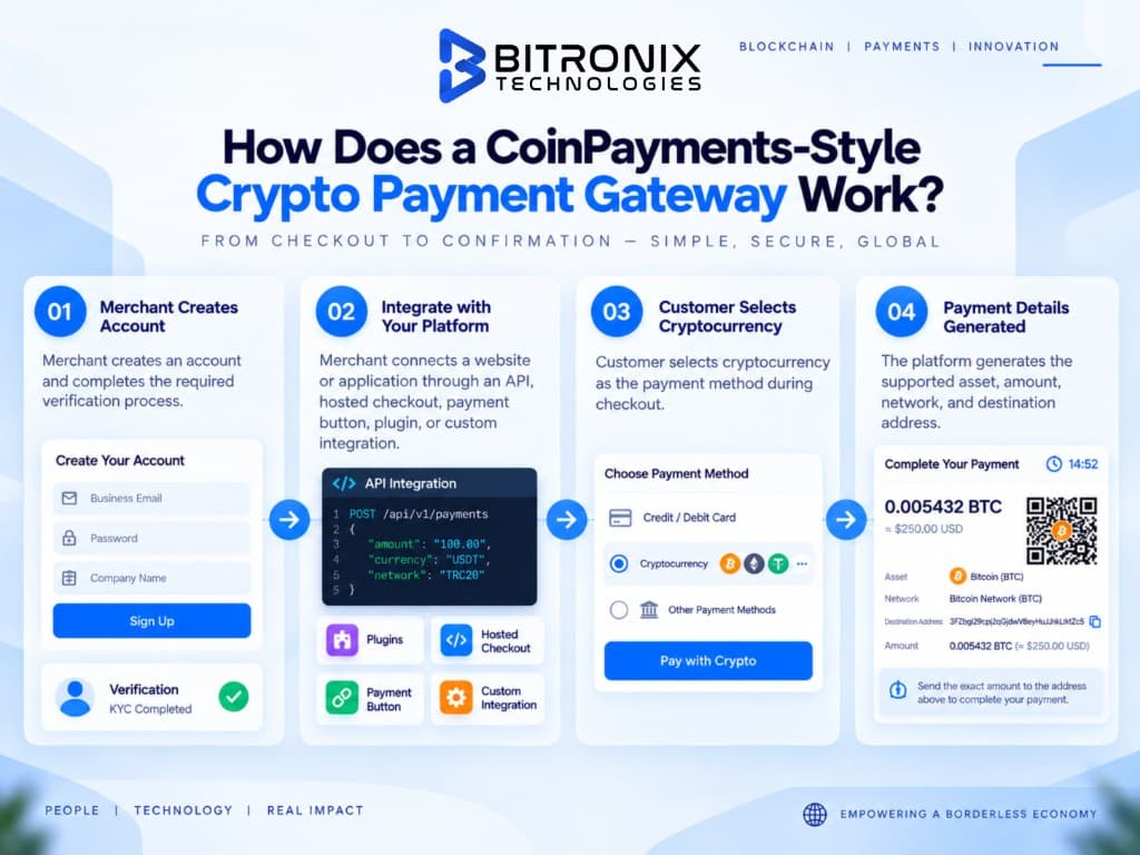 How a CoinPayments-style crypto payment gateway works: merchant account, platform integration, customer selects crypto, and payment details generated