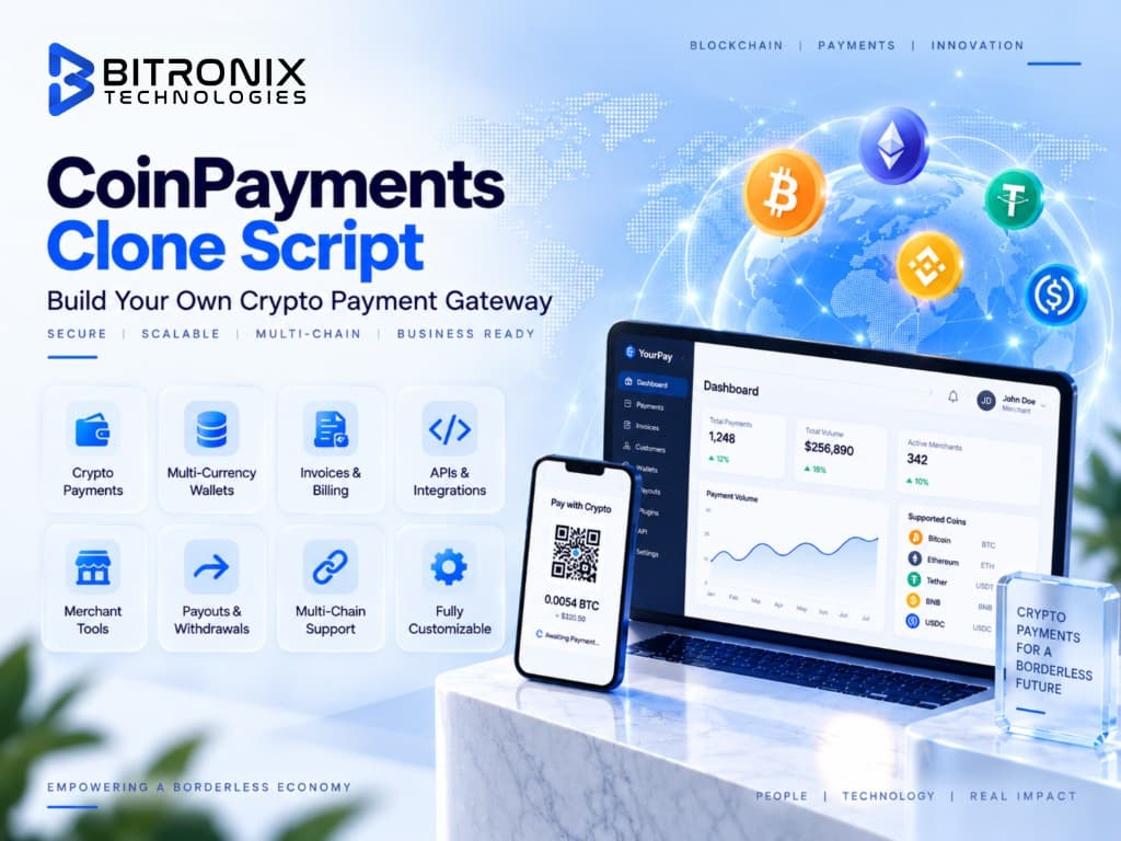 CoinPayments clone script by Bitronix Technologies: crypto payment gateway dashboard, Pay with Crypto checkout, multi-chain wallets, invoices, APIs and merchant tools