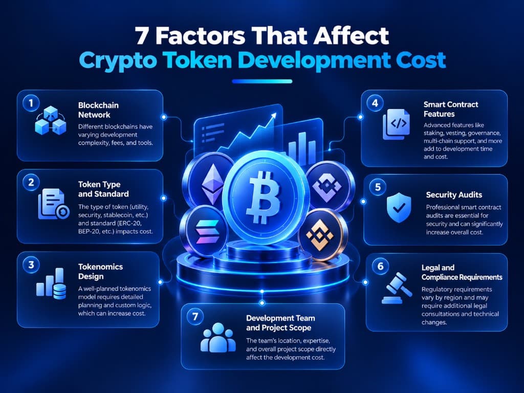 7 factors that affect crypto token development cost: blockchain network, token type and standard, tokenomics design, smart contract features, security audits, legal and compliance requirements, and development team and project scope.