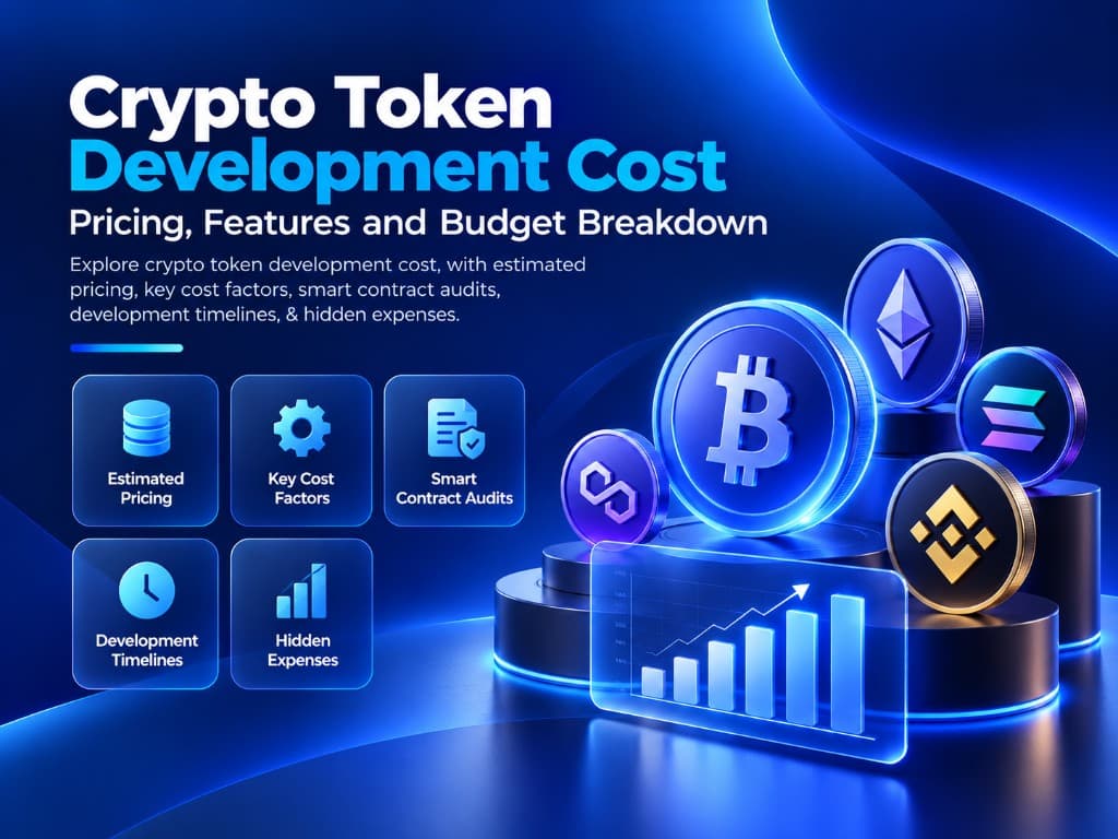 Crypto token development cost: pricing, features and budget breakdown, with Bitcoin, Ethereum, Solana, BNB and Polygon coins beside a rising cost chart and tiles for estimated pricing, key cost factors, smart contract audits, development timelines and hidden expenses.