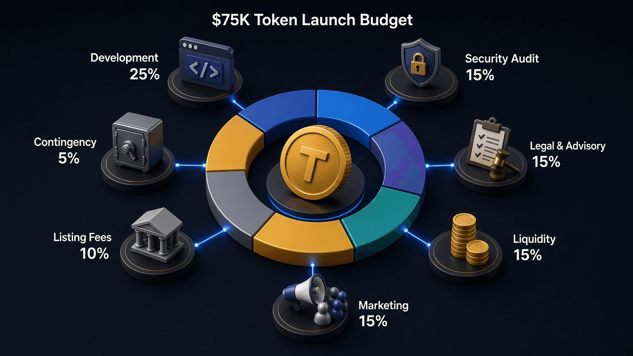 Sample $75K crypto token launch budget split showing development about 25%, audit 15%, advisory 15%, liquidity 15%, marketing 15%, listing fees 10% and contingency buffer 5%.